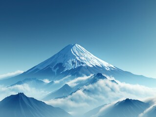 A mountain with a snow covered peak and a blue sky in the background