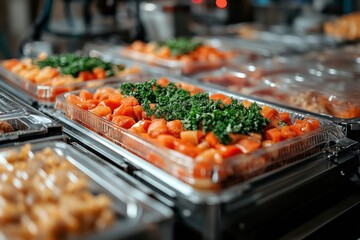 Close-up of a Buffet Tray with Orange Food and Greenery