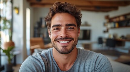 Obraz premium selfie of a handsome millennial man in the living room, smiling at the camera and embodying joy and comfort in his stylish modern home