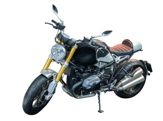 A motorcycle with a black seat and a yellow headlight. The motorcycle is parked on a white background © Aleksandr Matveev