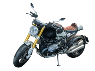 A motorcycle with a black seat and a yellow headlight. The motorcycle is parked on a white background