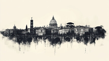 Fototapeta premium Rome, Italy, black and white pen pencil hand-drawn effect drawing illustration for travel poster, card, wallpaper, backdrop or banner. Modern, clear, artistic and simple