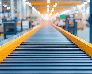 Factory floor with smart conveyor belts and machines, optimized for seamless production