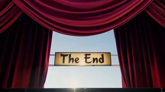 "The End" sign hanging between two red curtains on a stage, suggesting a grand finale