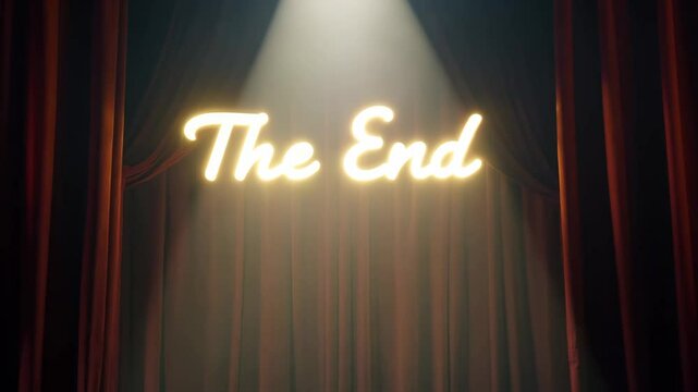 Illuminated "The End" text on a dimly lit stage with red curtains and focused spotlight