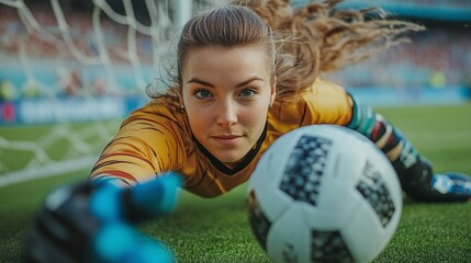 female football goalkeeper executing a diving save, highlighting the skills and agility required in women’s soccer during an intense match
