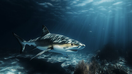 Obraz premium Tiger Shark Swimming in the Depths of the Ocean