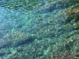 Sea water amazing clear blue turquoise aqua with algae at the bottom