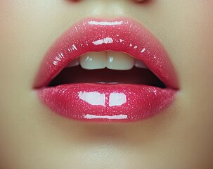 Obraz premium Close-up of pink lips with lip gloss