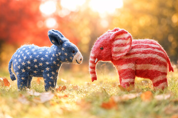 Felt Handcrafted Republican Elephant and Democratic Donkey in Peaceful Coexistence. Concept American Election Year Politics.