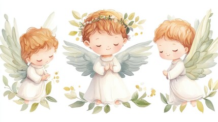 set of cute little Angels on transparent Background in watercolor, generated ai transparent background