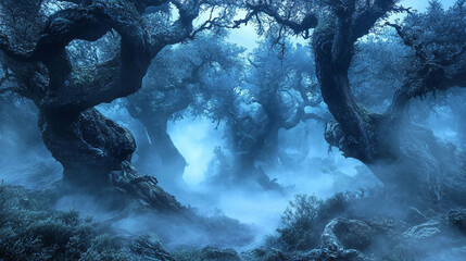 Fog rolling through a spooky forest with gnarled trees