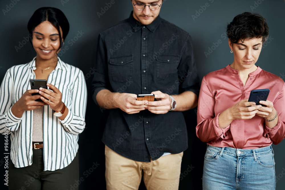 Poster business people, row and waiting room with phone for communication, job or career search on a gray s