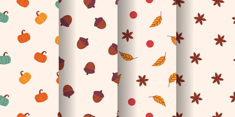 Seamless autumn pattern set with pumpkins, acorns, leaves, and star anise. Thanksgiving Day. Perfect for seasonal fall projects, wrapping paper, textiles, and. Warm and cozy autumn vibes. Harvest.