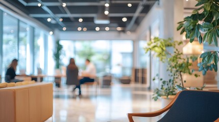 Blurred modern office interior with business people working A bannerstyle background with copy space perfect for business presentations and corporate designs