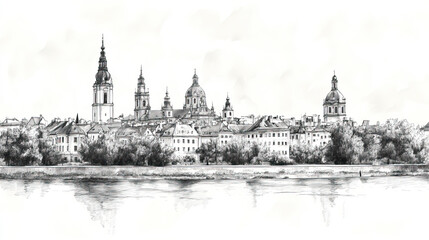 Fototapeta premium Rzeszw, Poland, black and white pen pencil hand-drawn effect drawing illustration for travel poster, card, wallpaper, backdrop or banner. Modern, clear, artistic and simple