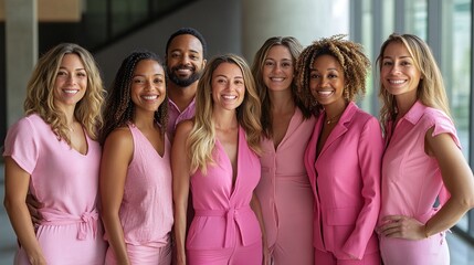 group of advocates in pink clothes for breast cancer awareness, captured in a portrait highlighting their commitment to community support and healthcare education