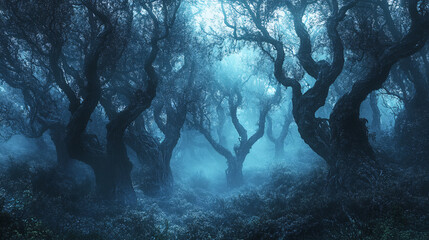 Fototapeta premium Spooky forest with mist rolling in and twisted trees