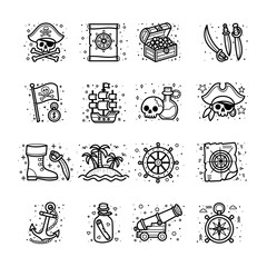 Collection of pirate themed icons, cute hand drawn cartoon set, hand drawn outlines for decorative project elements , vector illustration.