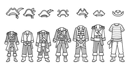 Pirate costume collection with hats and outfits, details pirate attire illustrations, cute vintage cosplay clothing and party themes.
