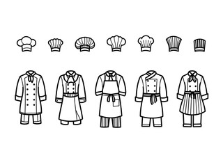 Chef uniforms and hats line art collection, black and white hand drawn outfits with details, clean and minimal line art style, vector illustration.