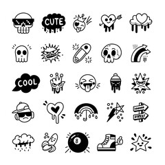 Cool sticker doodle set, trendy and fun icons, black and white clipart elements for graffiti street art, illustration.