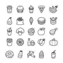 Food and drink line art icon set, diverse culinary collection, cute hand drawn icons for stickers, planer elements, menu decoration, illustration.