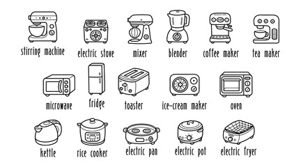 Kitchen appliances icon line art collection, home electronics doodle set, black and white hand drawn for home cooking, vector illustration.