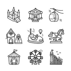 Amusement park rides icon set, fun fair and carnival theme illustration, popular rides and attractions clipart.