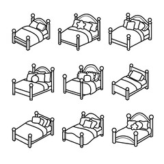 Collection of cozy cartoon beds and pillows arrangements, black and white cartoon styles for bedroom decor themes, vector illustration.