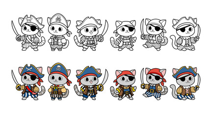 Pirate cats in costume with swords, cute feline buccaneers cartoon characters collection, playful and fun costumes, vector illustration.