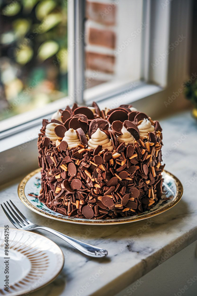 Poster chocolate cake on an elegant plate against the background of the window