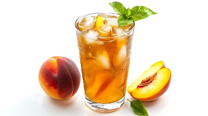 A refreshing iced tea drink garnished with peach slices and basil, served with whole peaches nearby.