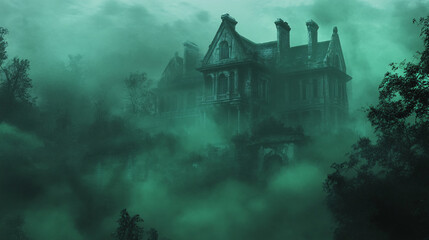 Haunted mansion surrounded by eerie green mist and fog