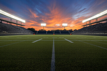 Fototapeta premium Panoramic View of Empty Football Stadium at Sunset, Illuminated Sports Arena with Vibrant Sky