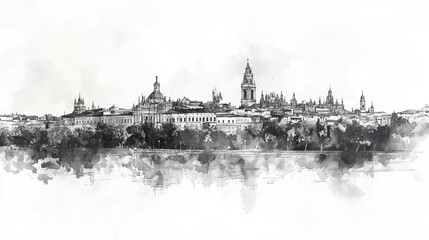 Salamanca, Spain, black and white pen pencil hand-drawn effect drawing illustration for travel poster, card, wallpaper, backdrop or banner. Modern, clear, artistic and simple