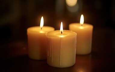 Three lit candles create a serene atmosphere, casting warm light and soft shadows, perfect for relaxation or meditation.