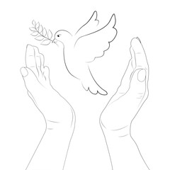 Naklejka premium Hands in prayer. Dove peace. Symbol of hope and desire for harmony. White dove holding olive branch in its beak. New beginning and improvement life.