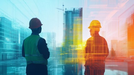 Construction Workers Looking at Digital Blueprint of Modern Skyscraper