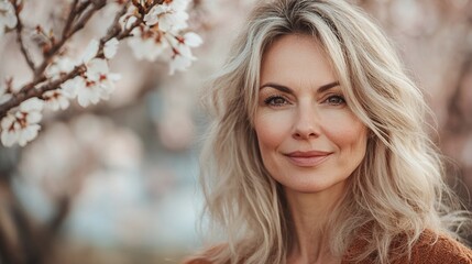 Fototapeta premium beautiful portrait of a cheerful middle-aged caucasian woman standing near a blooming cherry tree, captured in an outdoor springtime scene with a happy expression