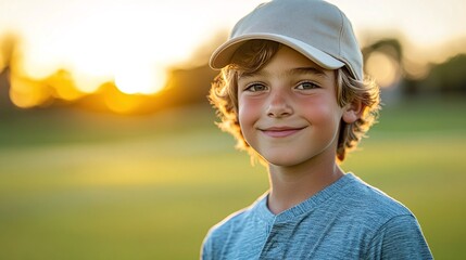 portrait of a happy caucasian boy at a golfing lesson on a scenic golf course, confidently participating in a training session and enjoying recreational sports activities