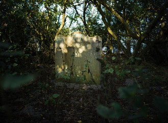 Dunwich, Suffolk, UK - August 21st 2024 -  headstone of Jacob Forster, the last grave on Dunwich...