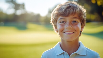 portrait of a happy caucasian boy at a golfing lesson on a scenic golf course, confidently participating in a training session and enjoying recreational sports activities
