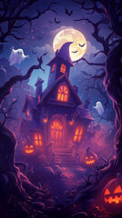 A spooky, cartoonish Halloween scene with a dark, eerie atmosphere. A haunted house stands with crooked windows and a slanted roof. Halloween Wallpaper