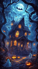 A spooky, cartoonish Halloween scene with a dark, eerie atmosphere. A haunted house stands with crooked windows and a slanted roof. Halloween Wallpaper