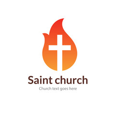 Obraz premium Church logo cross flame icon. Religious christian emblem symbol worship design.