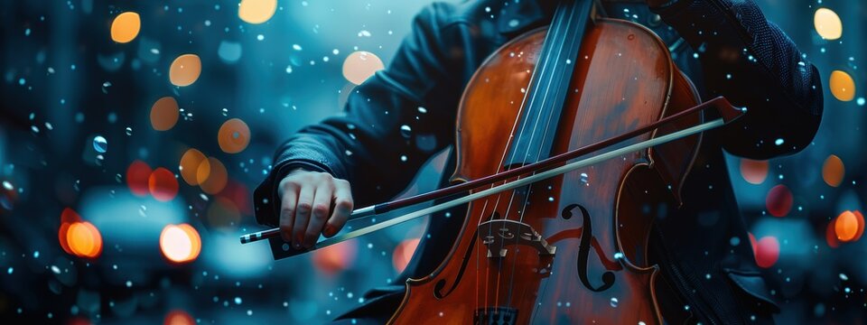 A man playing a cello in the snow