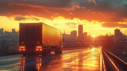 back view of a delivery truck driving on a road with sunrise light shining over the cityscape, capturing the movement of cargo and logistics in an urban setting