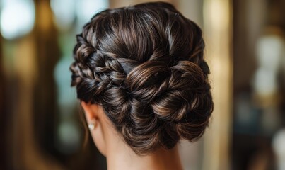Woman with intricate braided bun hairstyle.