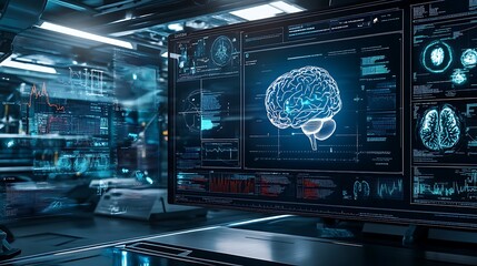 Obraz premium A futuristic display showcasing a brain scan with data analysis in a high-tech environment.